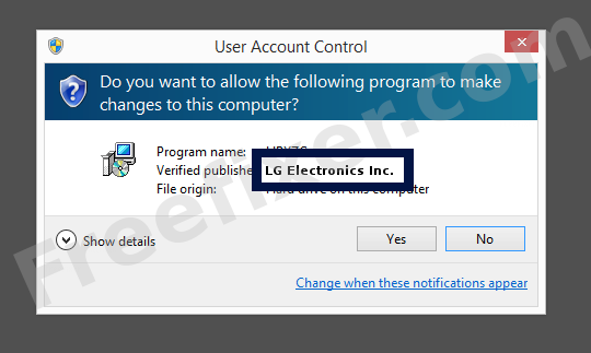 Screenshot where LG Electronics Inc. appears as the verified publisher in the UAC dialog